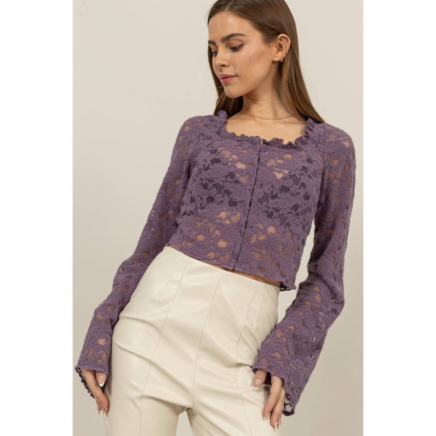 SHEER LACE LONG-SLEEVE BUTTON-UP TOP