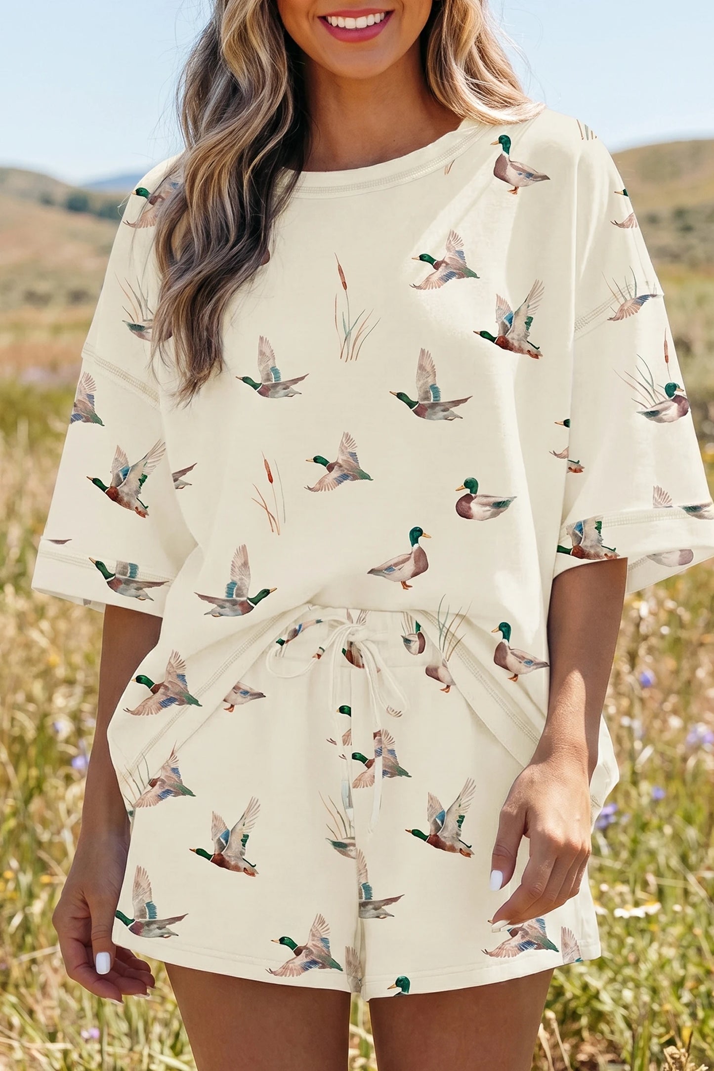 Mallard Duck Print Oversized Tee Drawstring Short Set (Sold as Separates)