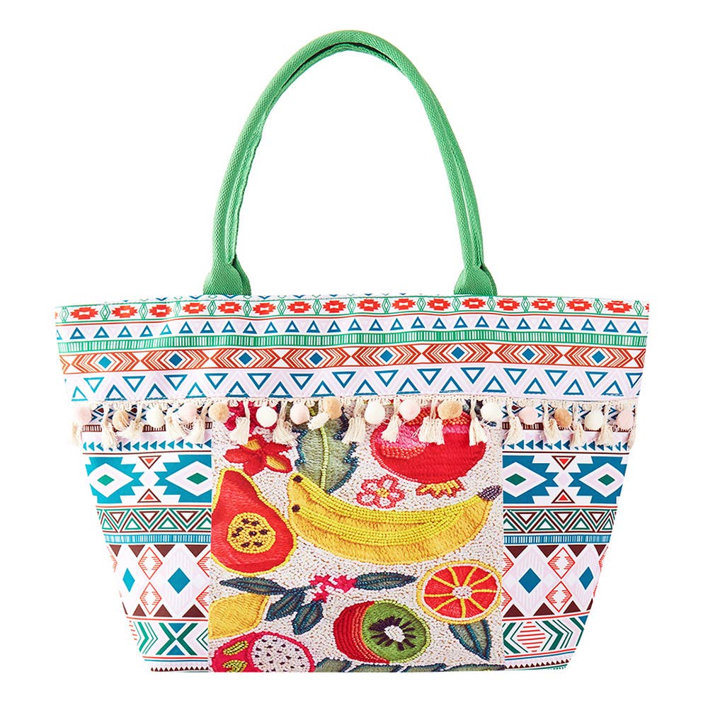 Fruit Boho Print Pom Pom Fringe Tote Bag