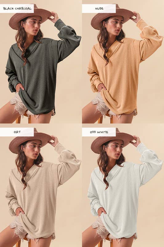2tone Cord Rib Contrast Stitching V Neck Top