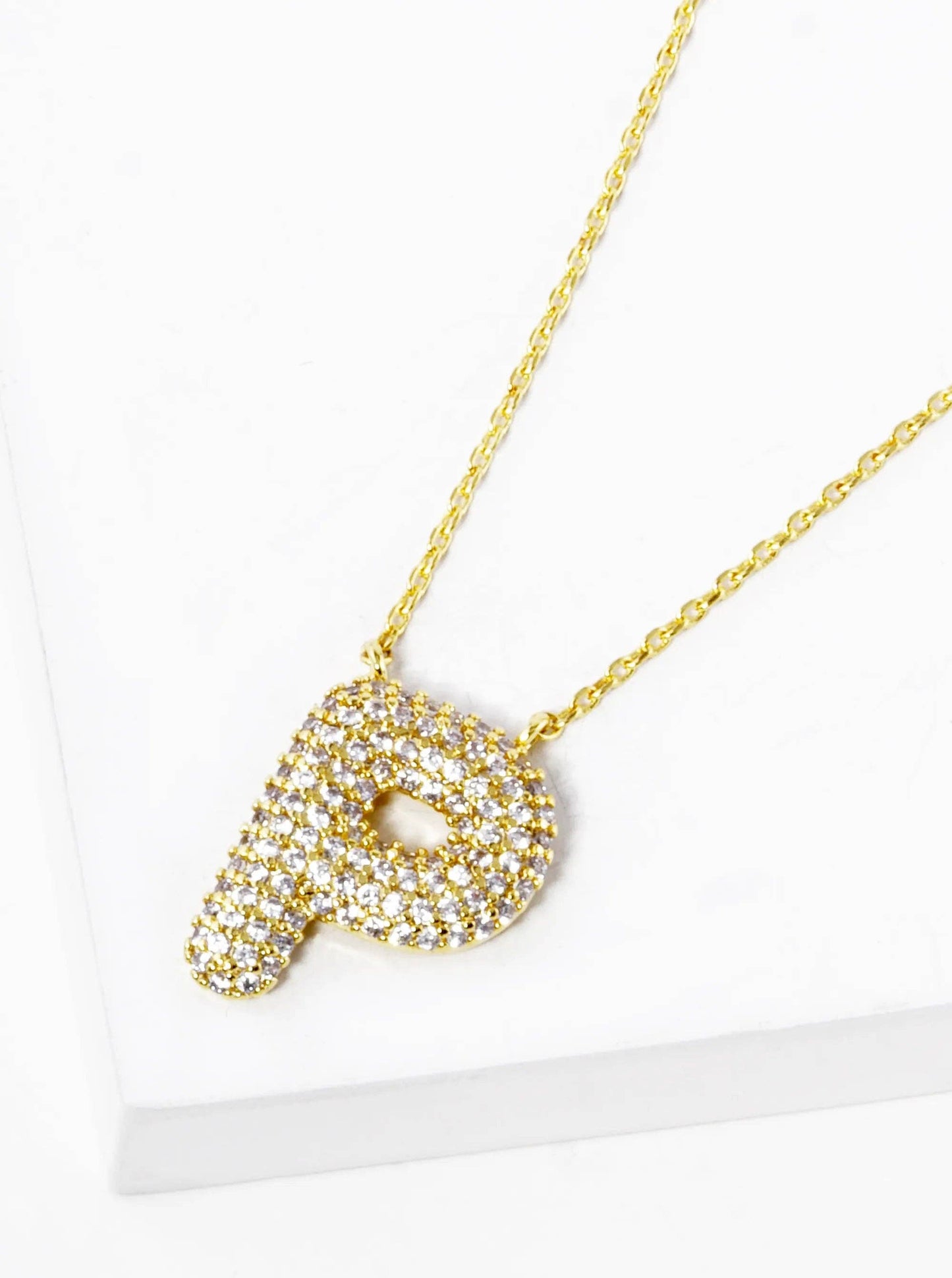 18K Gold Dipped Cz Pave Bubble Initial Pendant Necklace