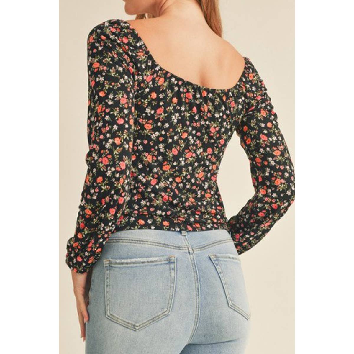 Floral Print Tie Front Long Sleeve Peasant Top