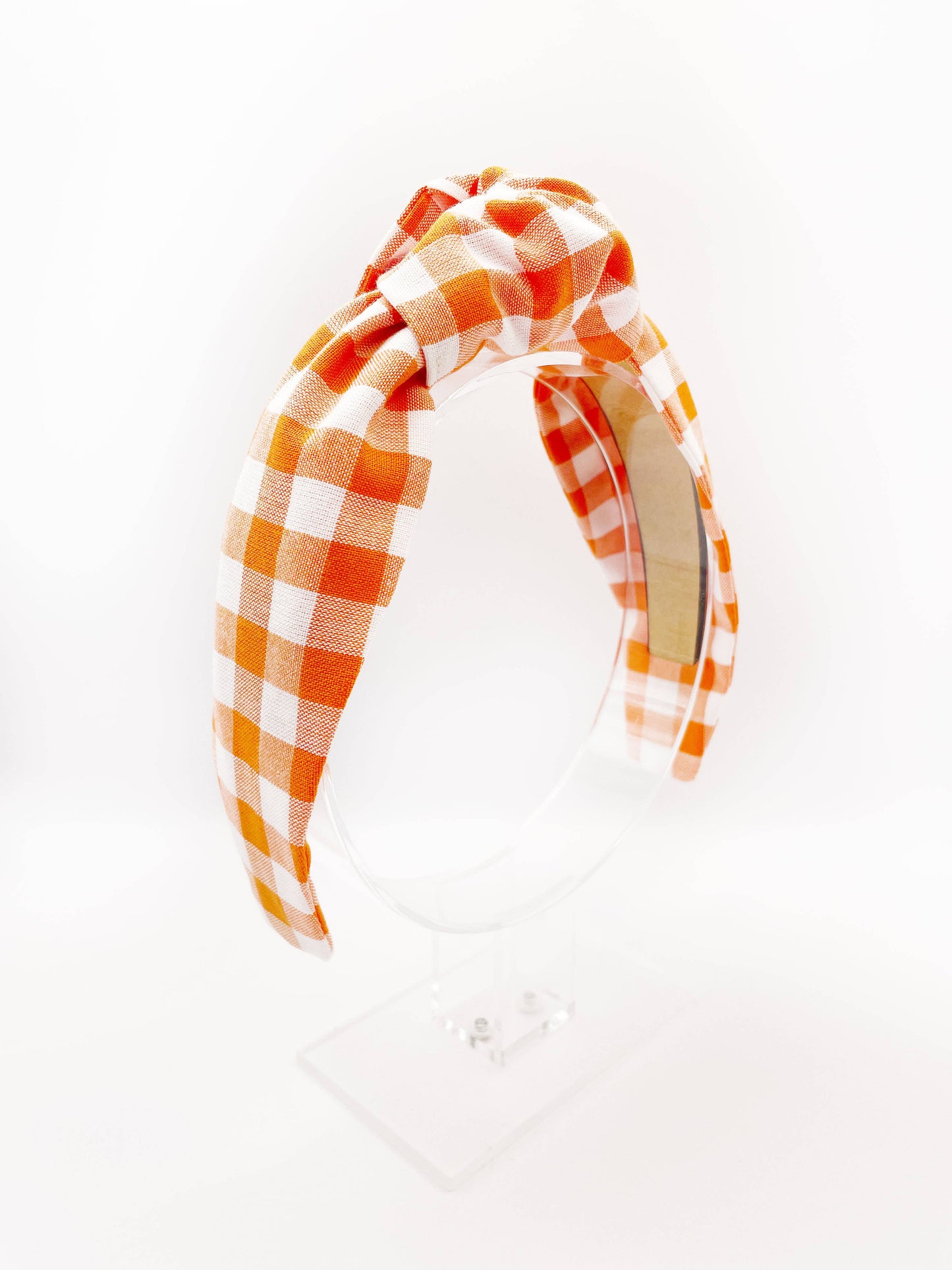 Orange Gingham Plaid Women's Knotted Headband, Modern Boho