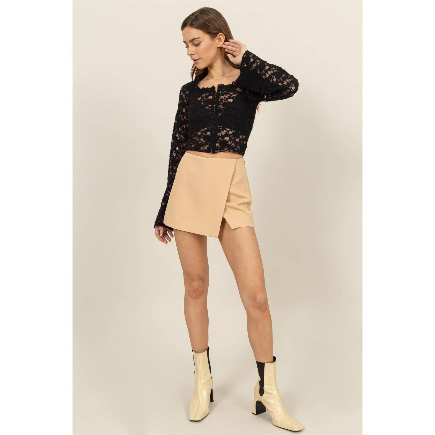 SHEER LACE LONG-SLEEVE BUTTON-UP TOP