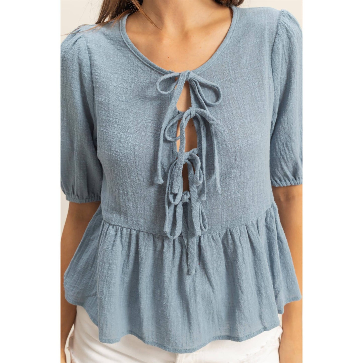 Puff Sleeve Ribbon Tie Peplum Blouse
