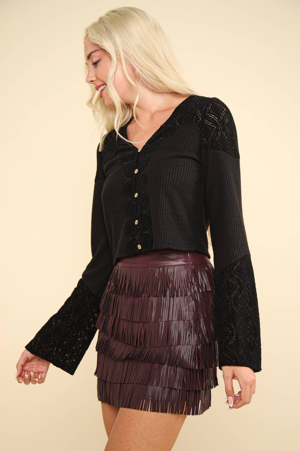 V-Neck Contrast Lace Detail Button Down Knit Top