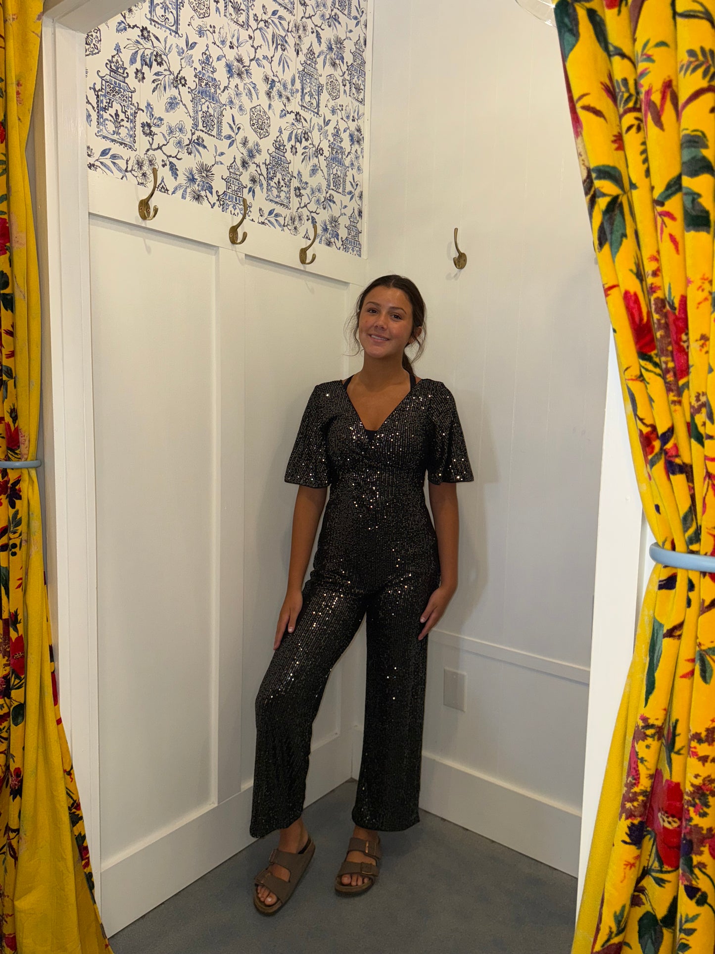 Sequin V Neck Flutter Sleeve Wide Leg Jumpsuit