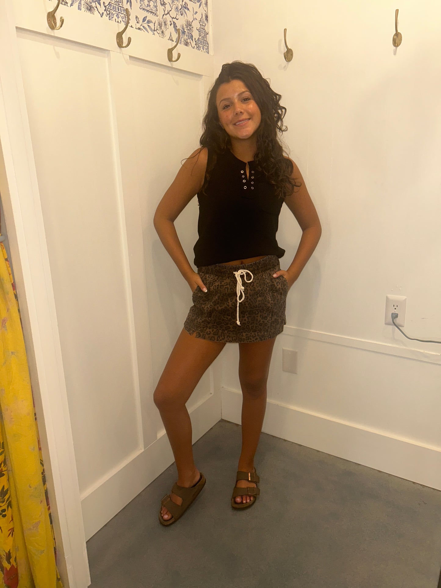 Leopard Print Elastic Waist Drawstring Denim Skort