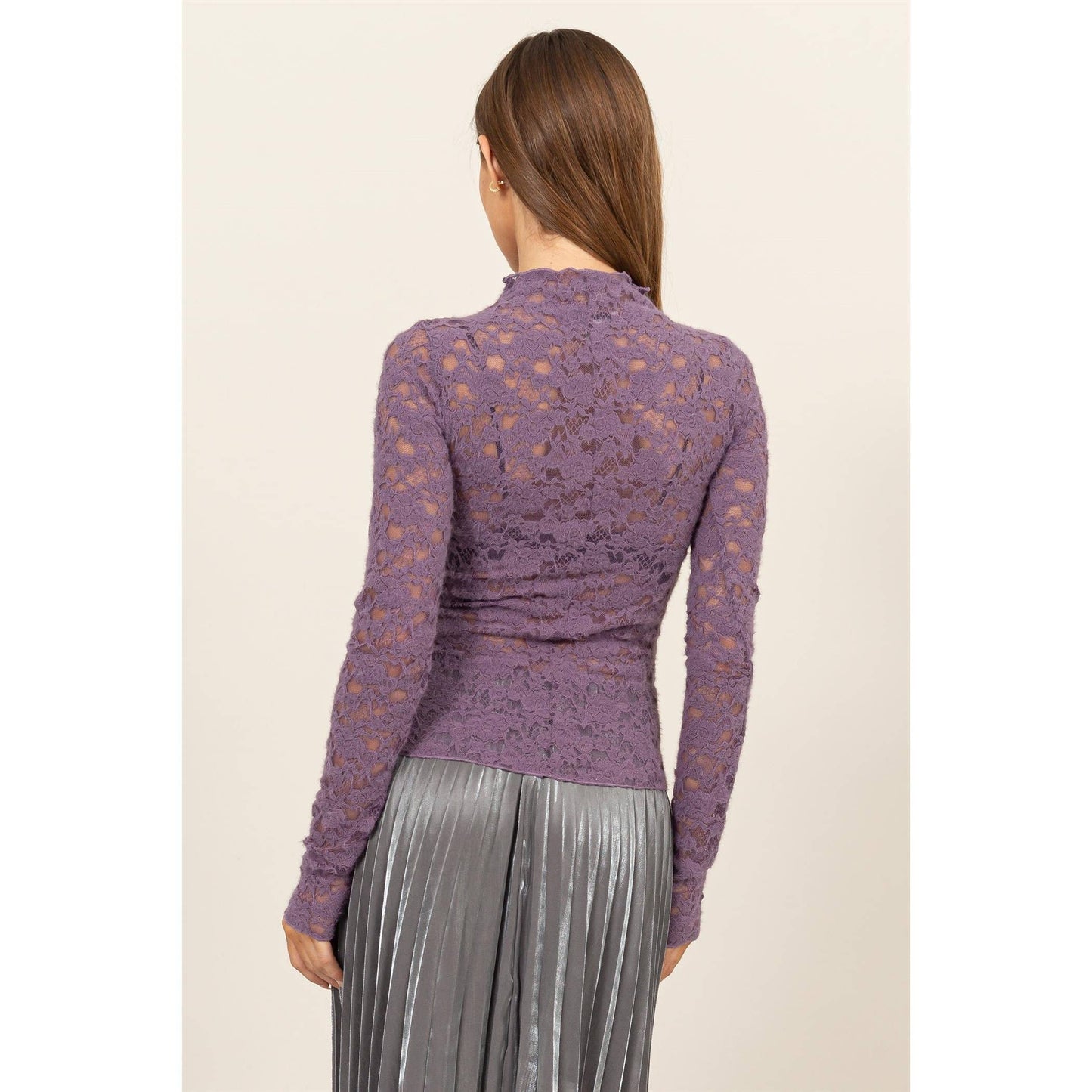 LONG SLEEVE BRUSHED LACE HIGH NECK TOP