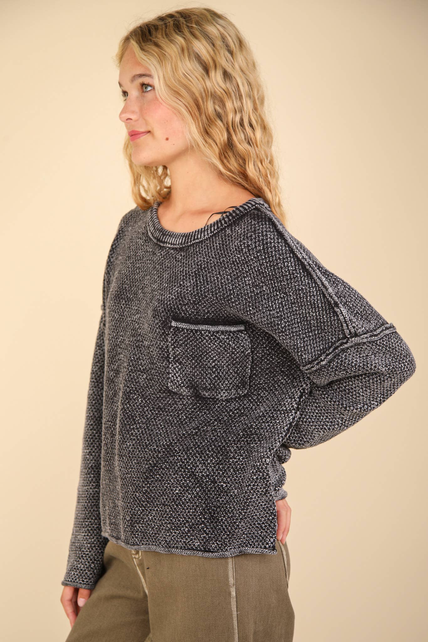 Mineral Washed Knit Oversized Sweater Pullover Top