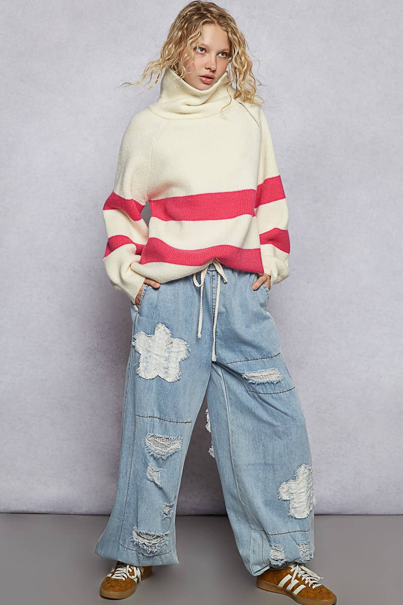 Long Sleeve Mock Neck Contrast Stripe Sweater Top