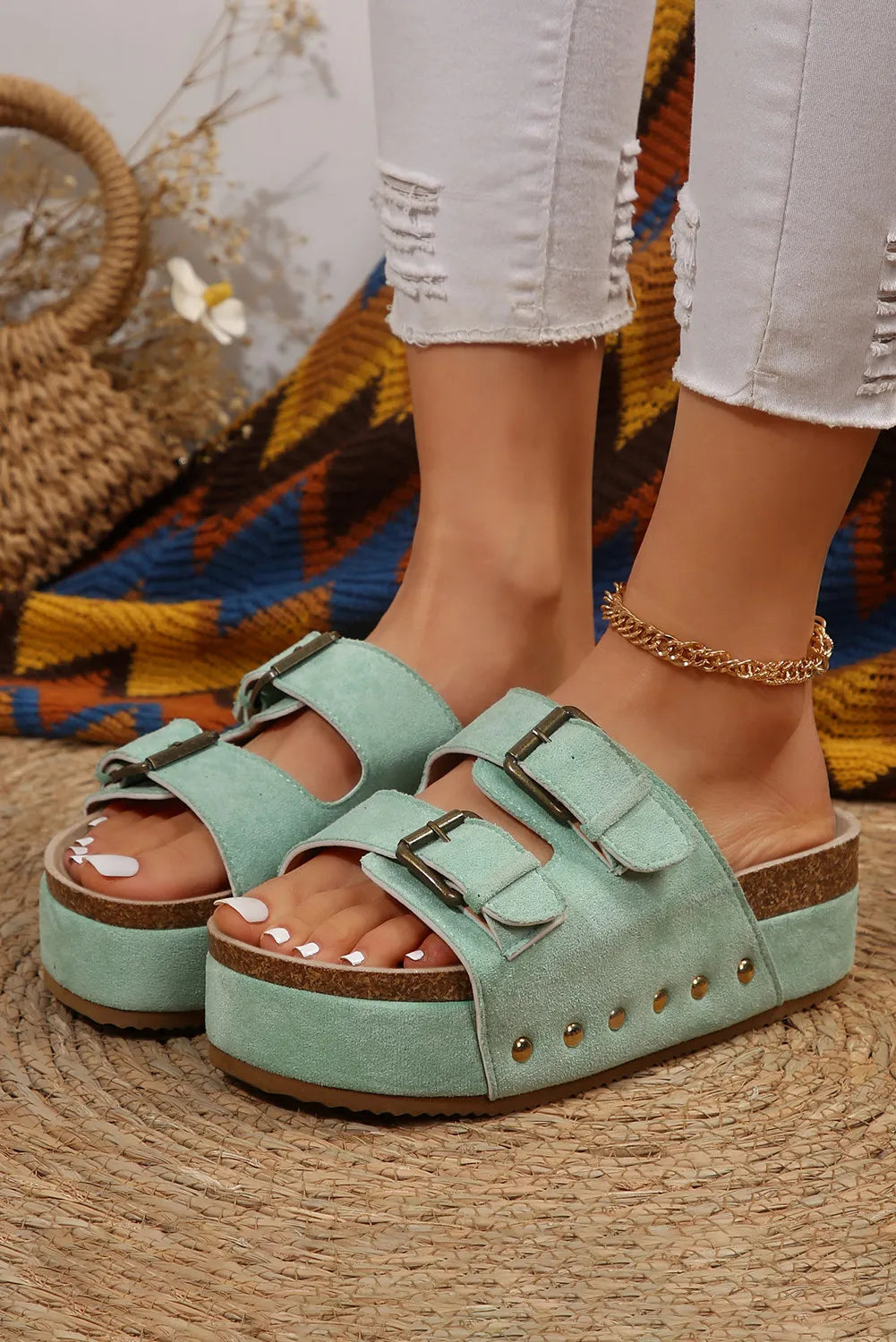 Suede Buckle Décor Footbed Sandal Slippers
