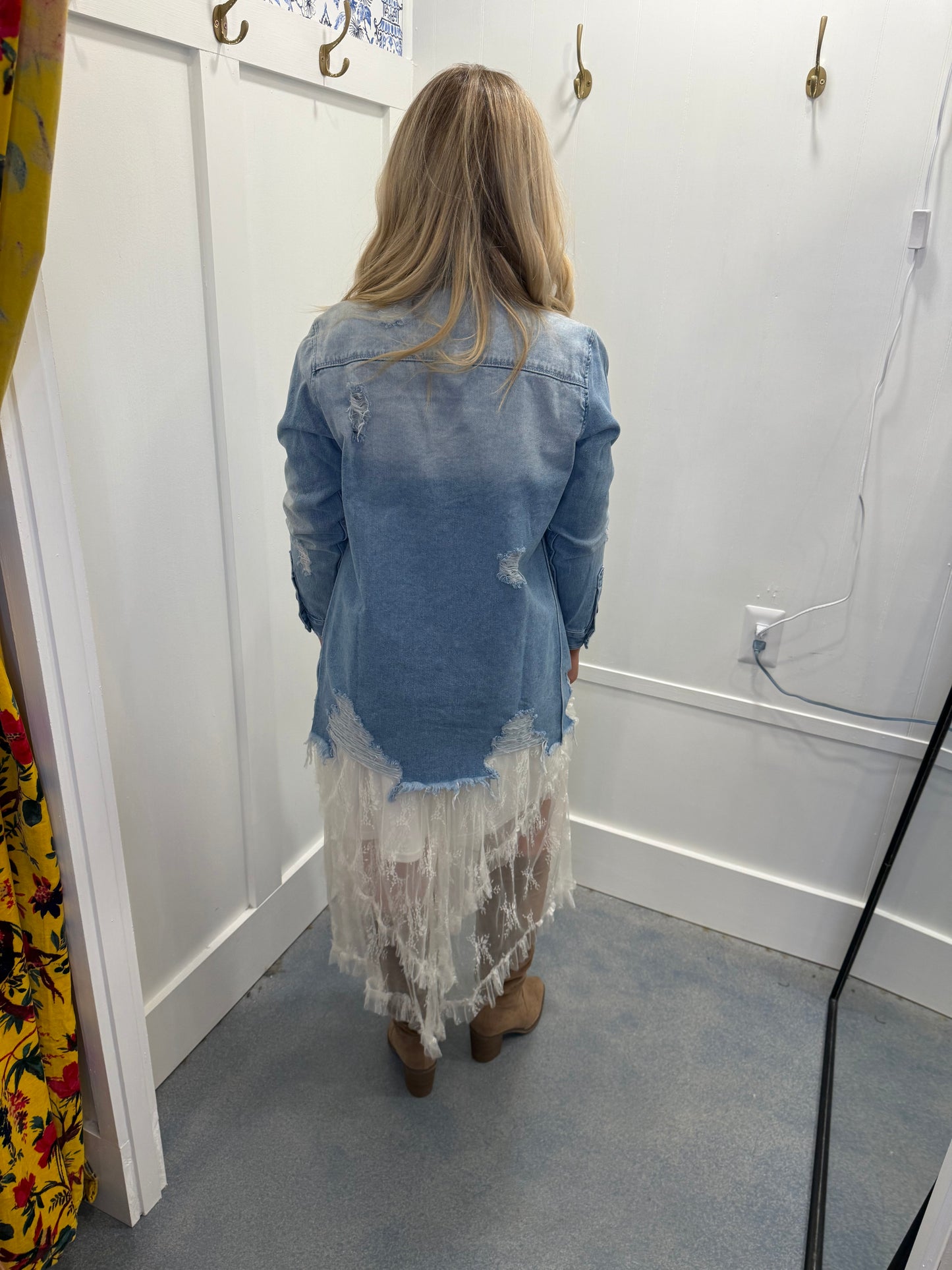 Light Wash Distressed Frayed Long Denim Jacket