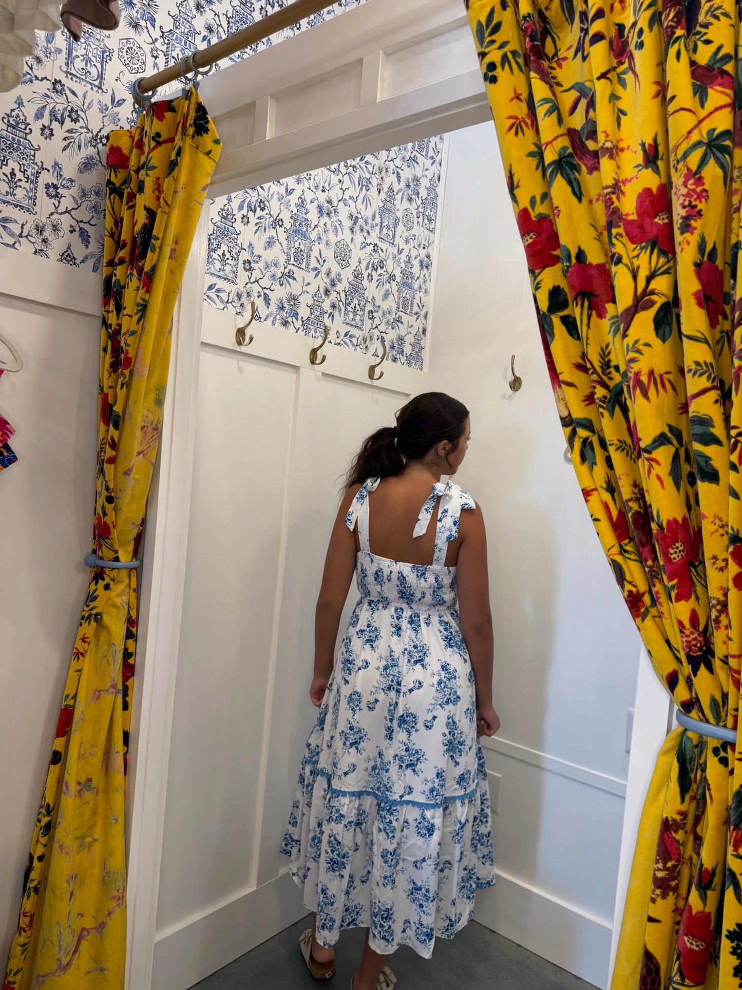 Floral Print Shirred Knot Shoulder Sleeveless Long Dress