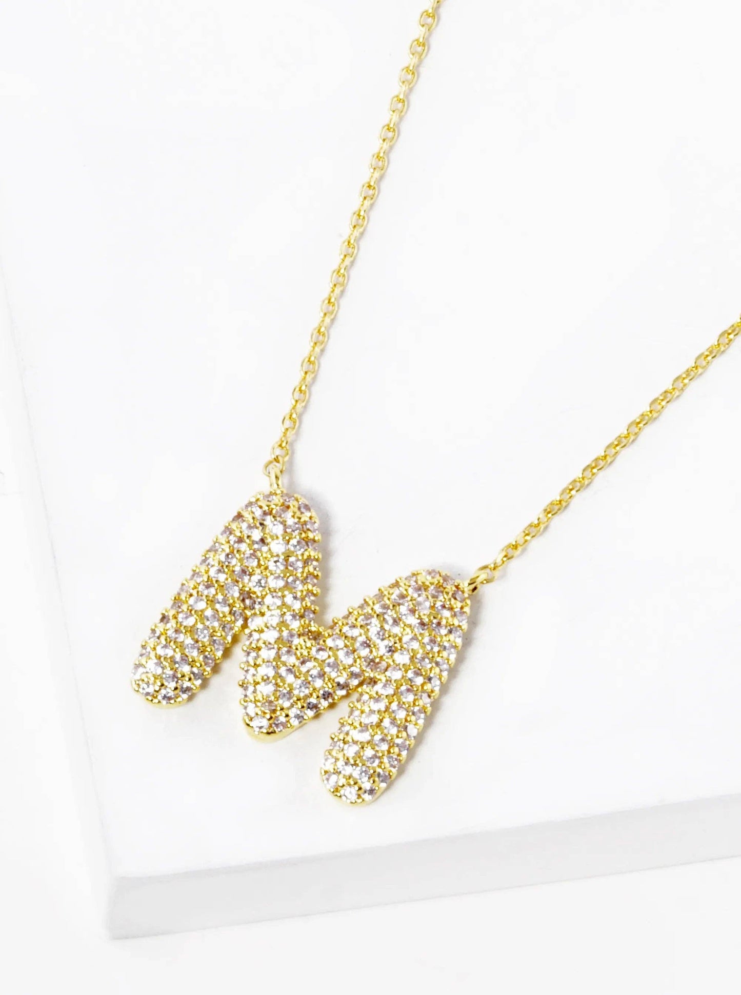 18K Gold Dipped Cz Pave Bubble Initial Pendant Necklace