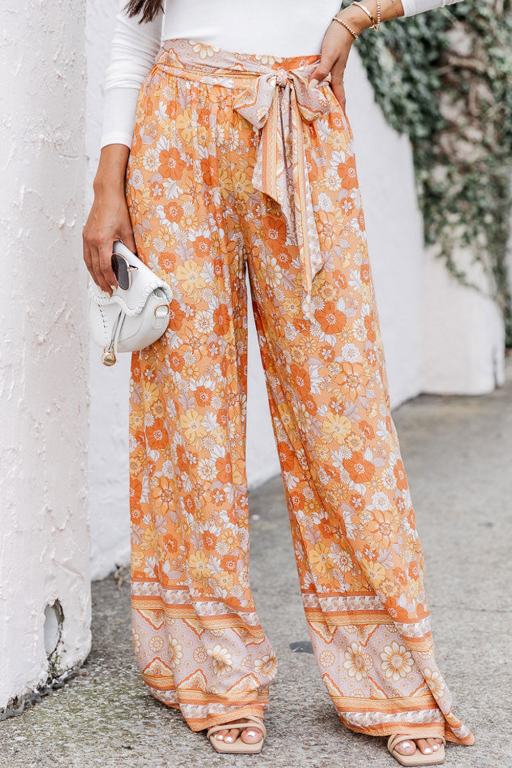 Tie Waist Boho Floral Wide Leg Pants