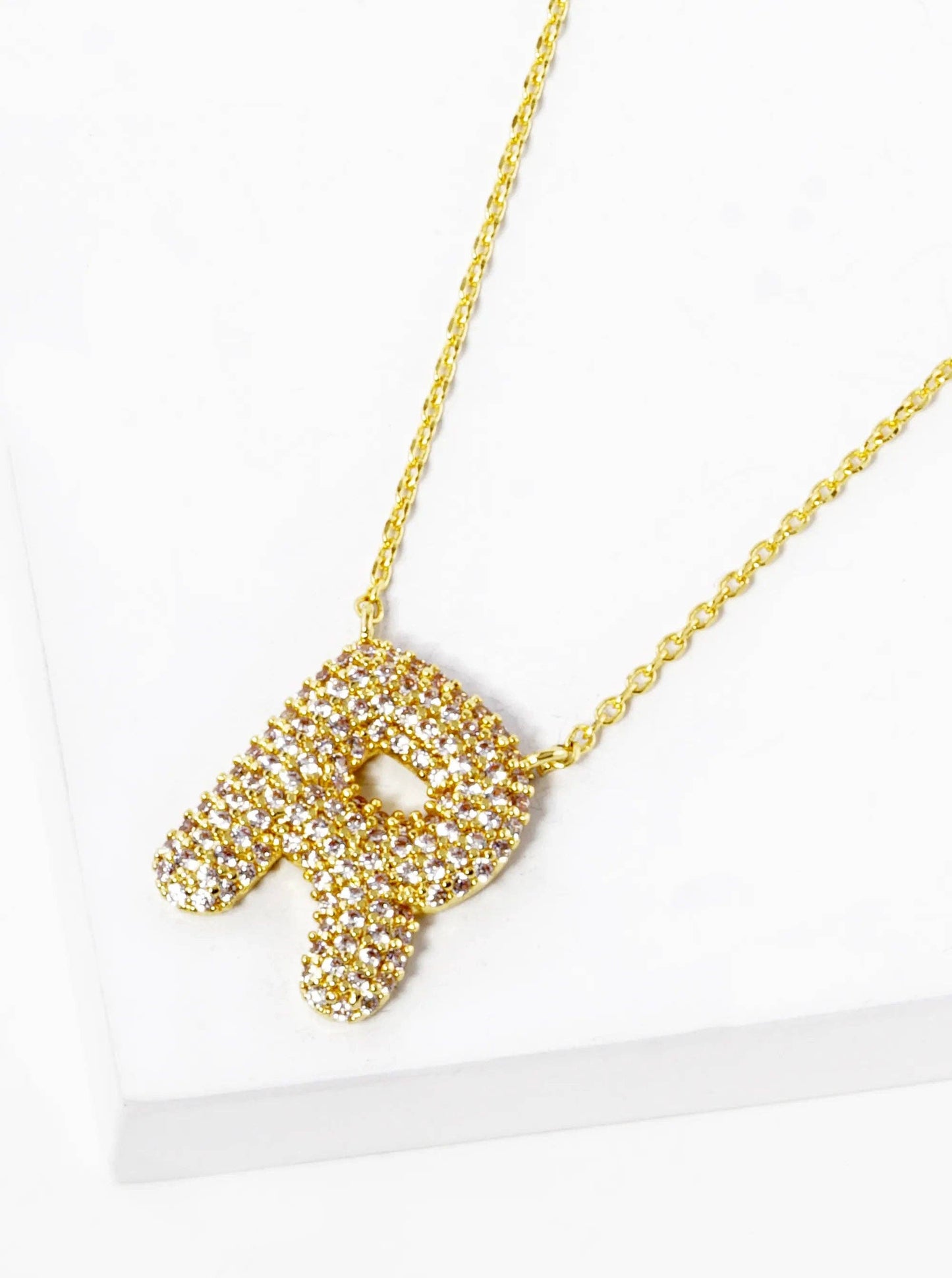 18K Gold Dipped Cz Pave Bubble Initial Pendant Necklace
