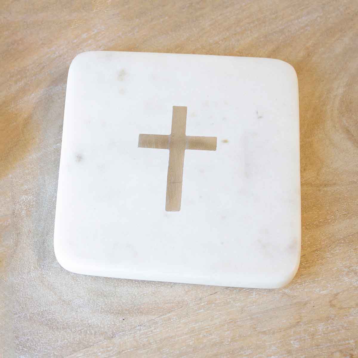 Cross Marble Coasters White/Brass