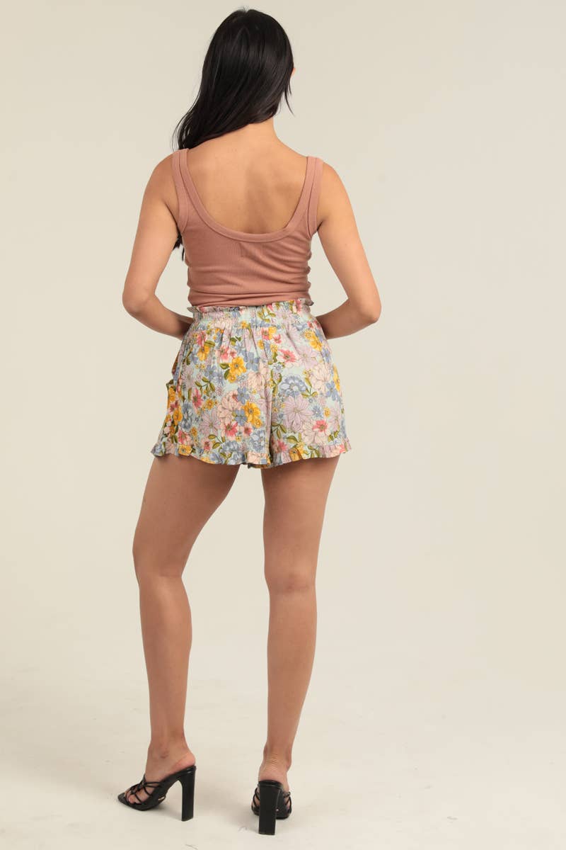 FLORAL PRINT RUFFLE HEM TIE WAIST SHORTS