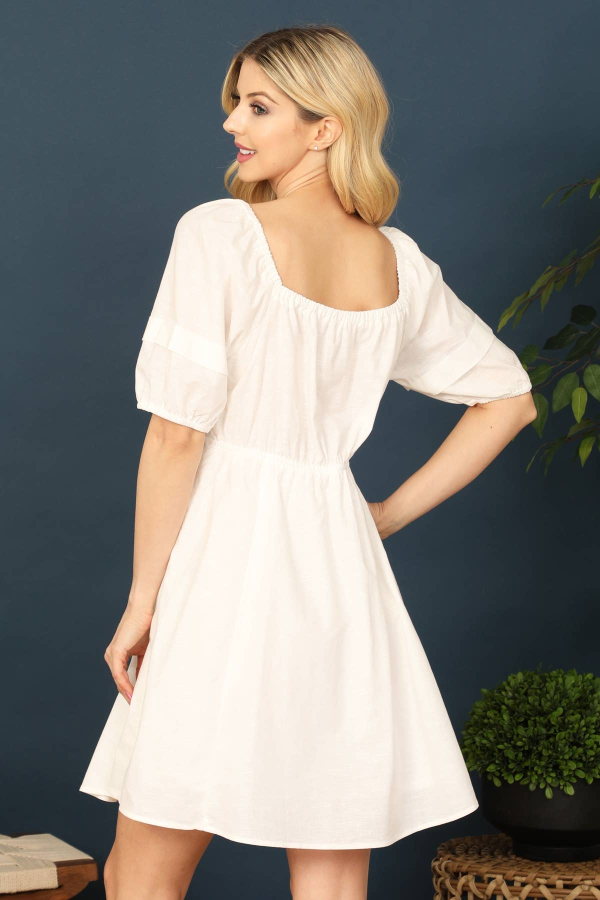 Puff Sleeve Back Ribbon Cut-Out Waist Solid Dress