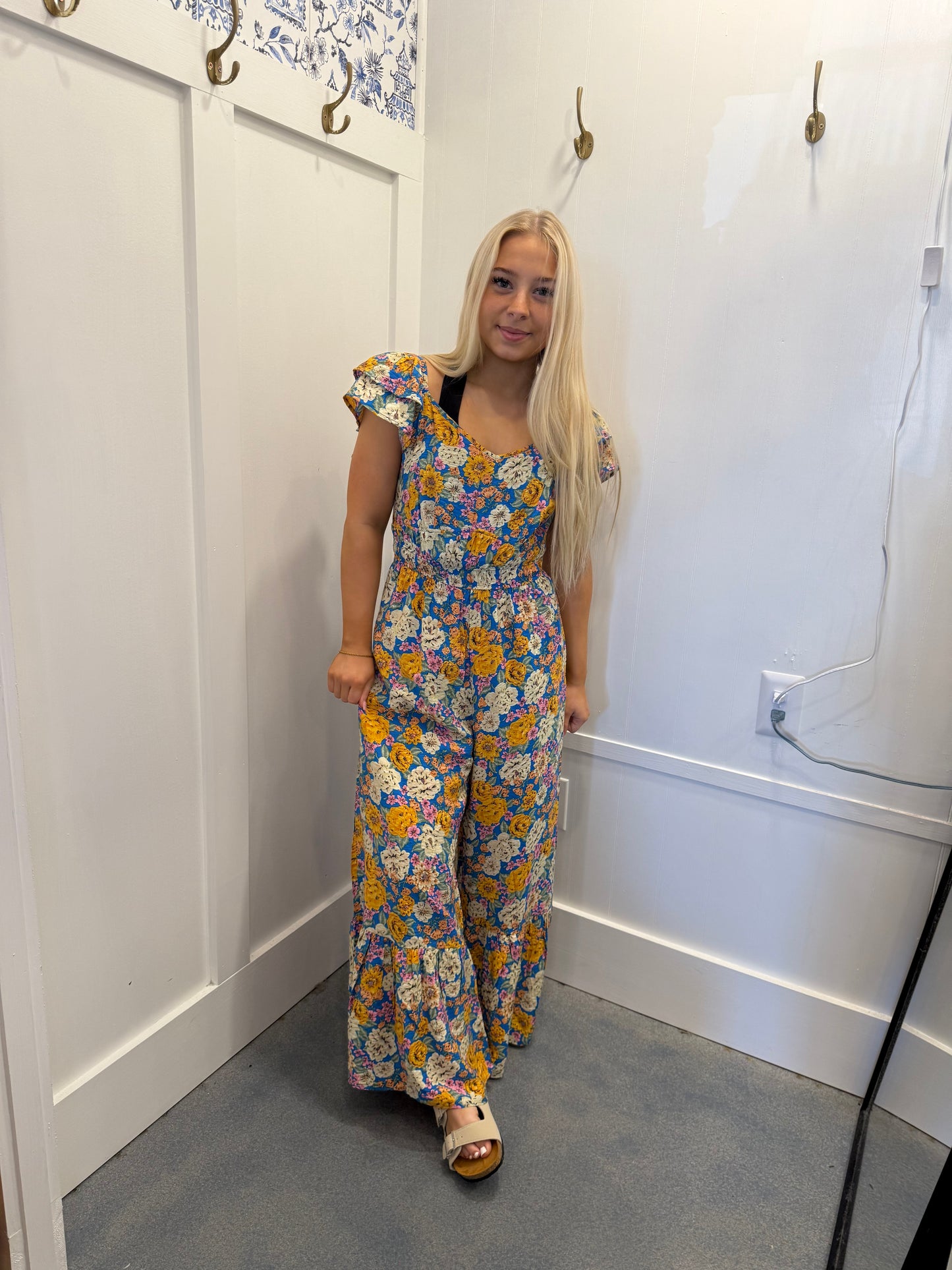 Floral Allover Print Shirred Cut Out High Waist Jumpsuit