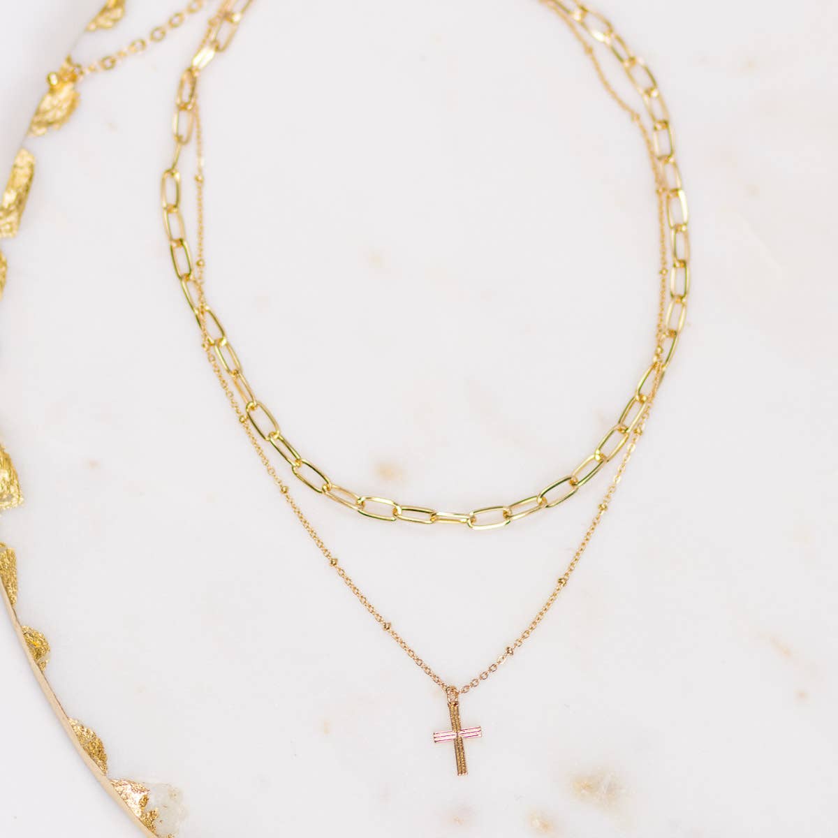 Clayton Cross Layered Necklace Gold 16"/18"