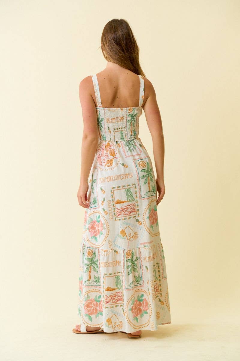 TROPICAL SMOCKING MAXI TIERED DRESS