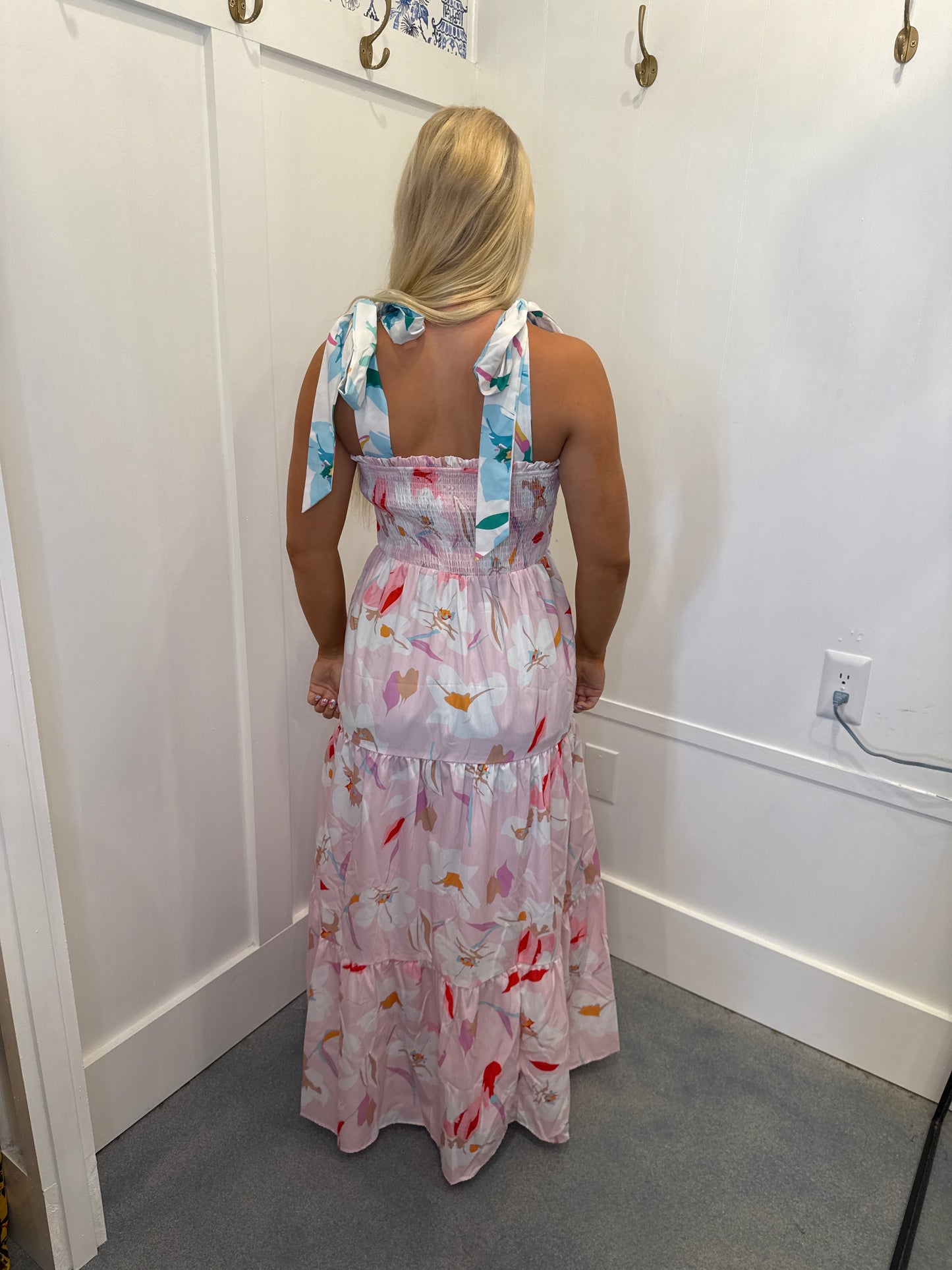 Floral Print Knotted Shoulder Smocked Maxi Dress