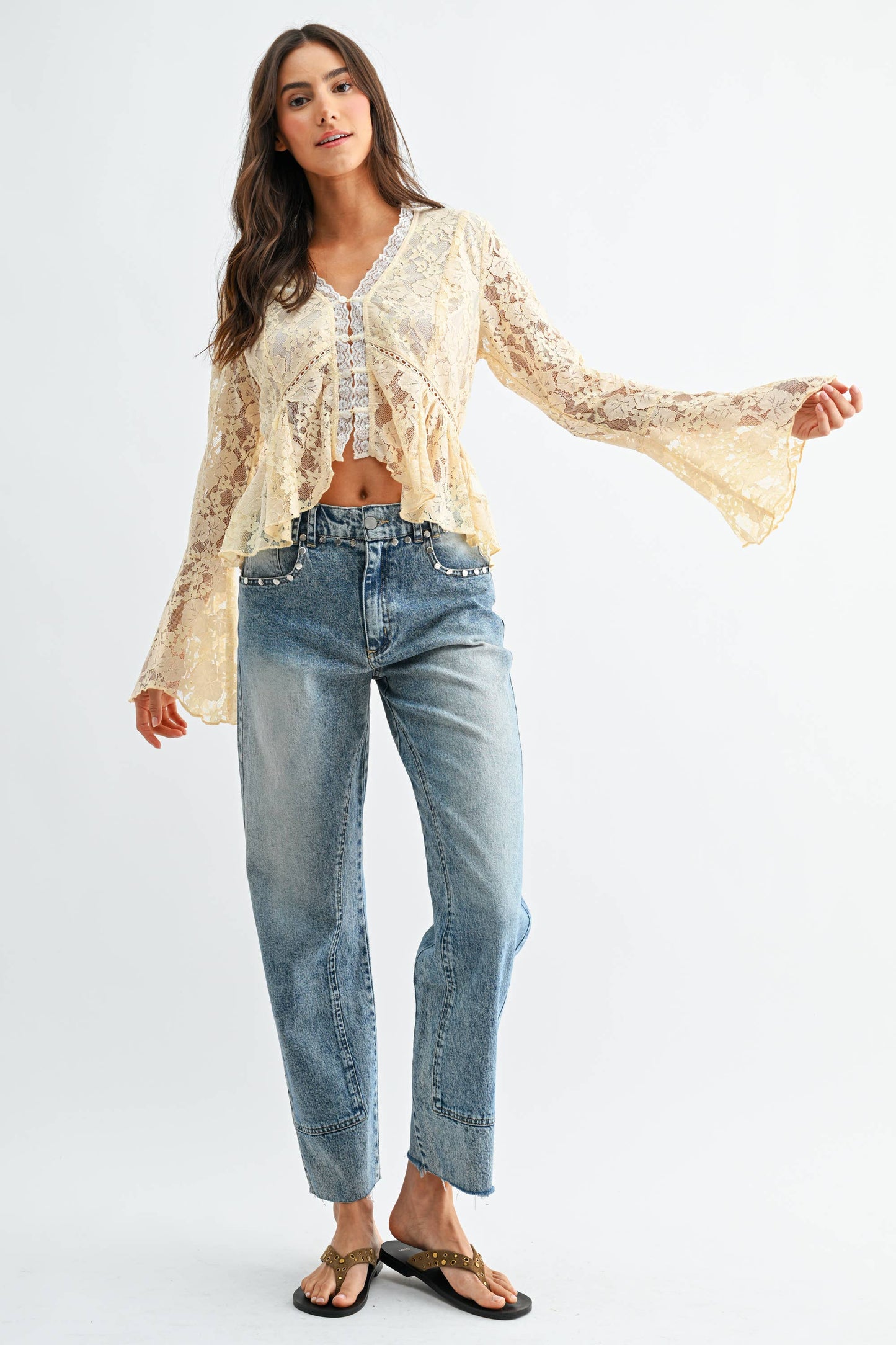 Lace Button-Down Blouse with Flared Sleeves