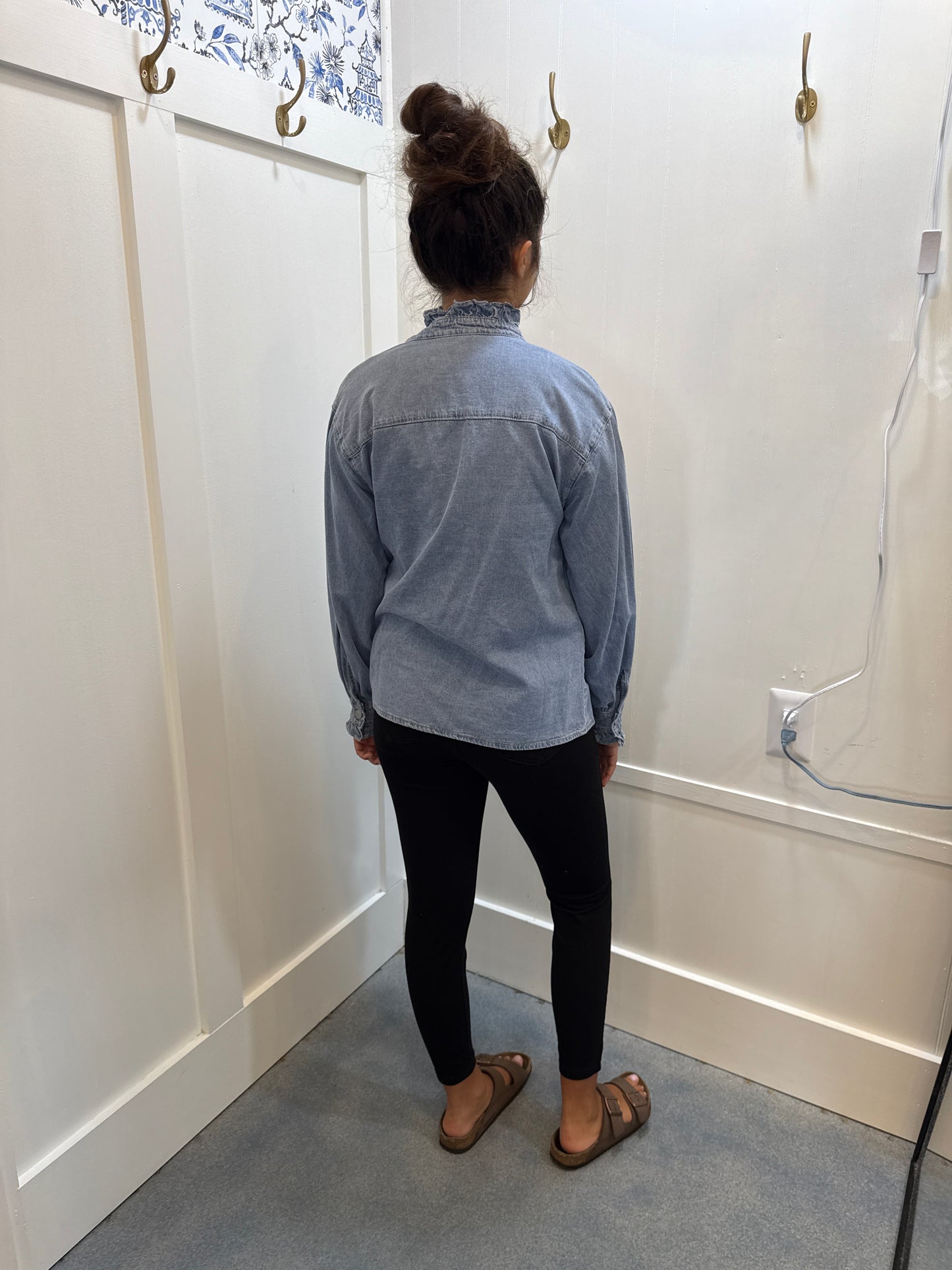 Ruffled Long Sleeve Buttoned Denim Shirt