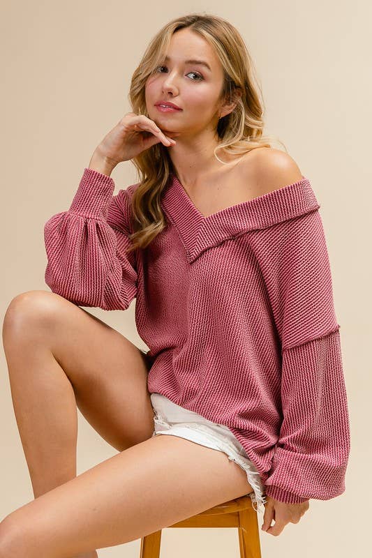 2tone Cord Rib Contrast Stitching V Neck Top