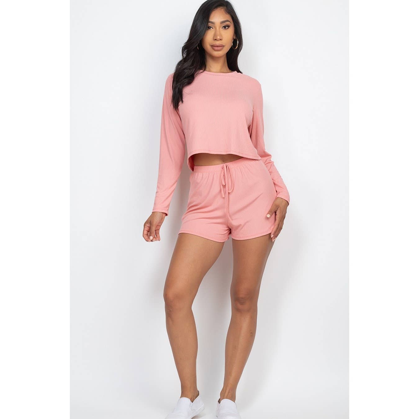 Ribbed Long Sleeves Top and Shorts Set