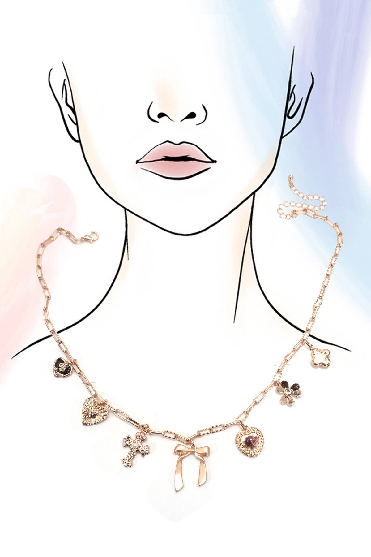 CHARM NECKLACE-PORCELAIN FLORAL BOW CROSS HEART