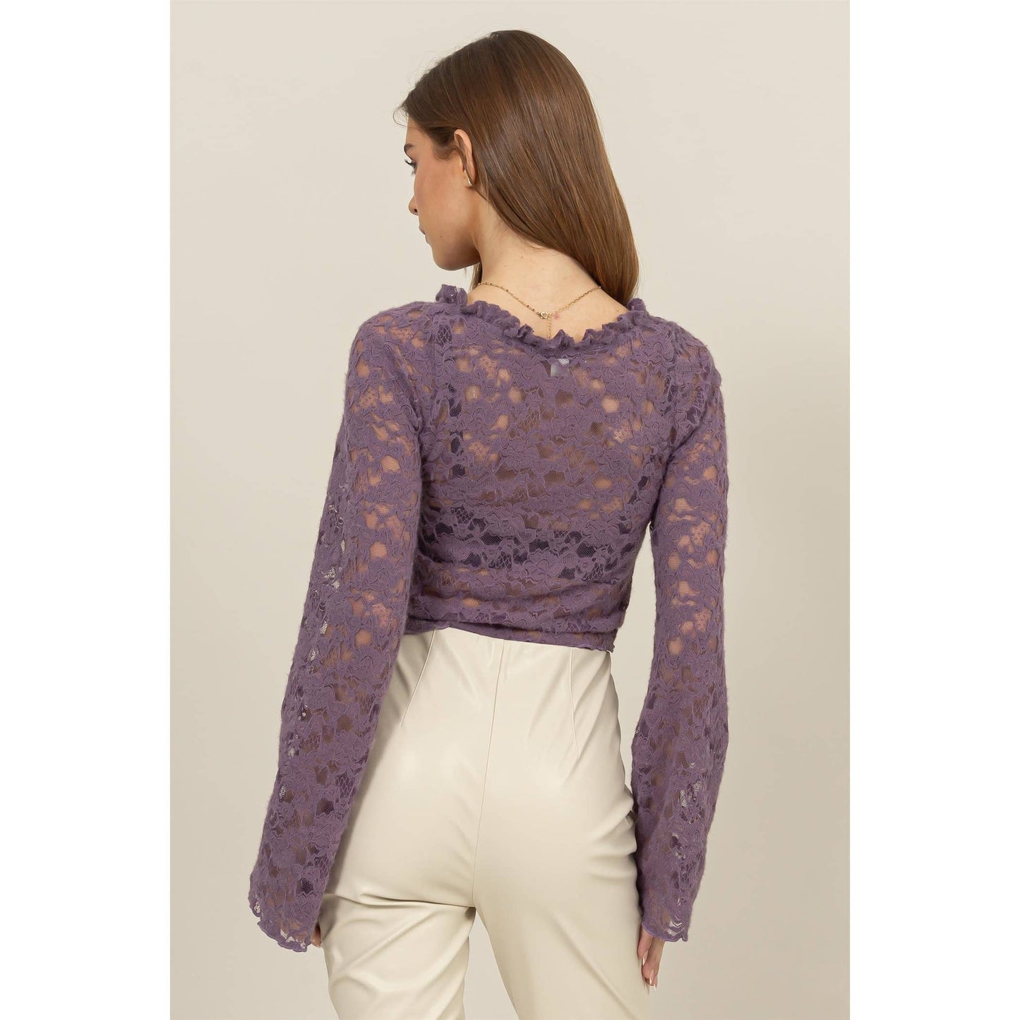 SHEER LACE LONG-SLEEVE BUTTON-UP TOP
