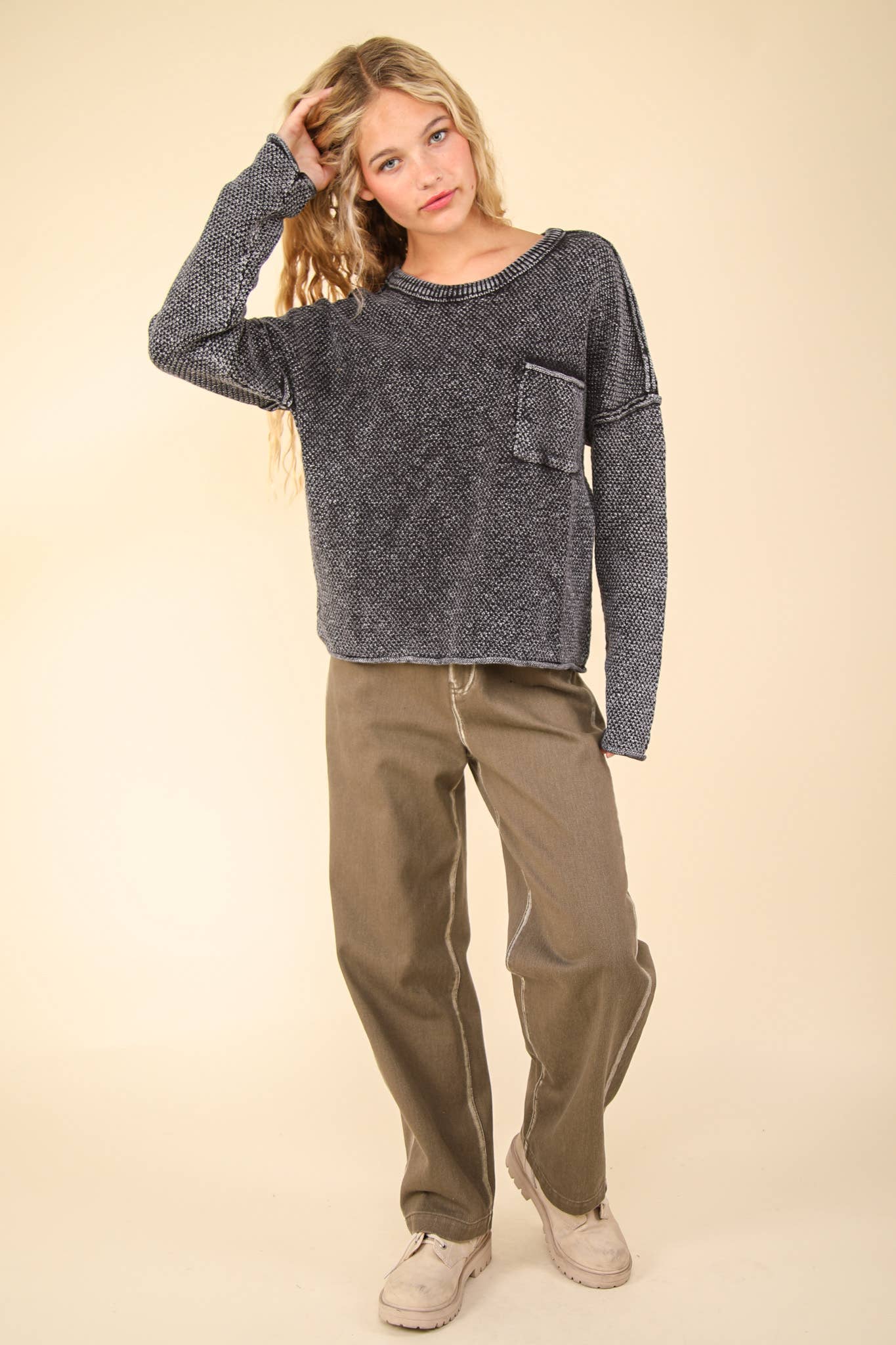 Mineral Washed Knit Oversized Sweater Pullover Top