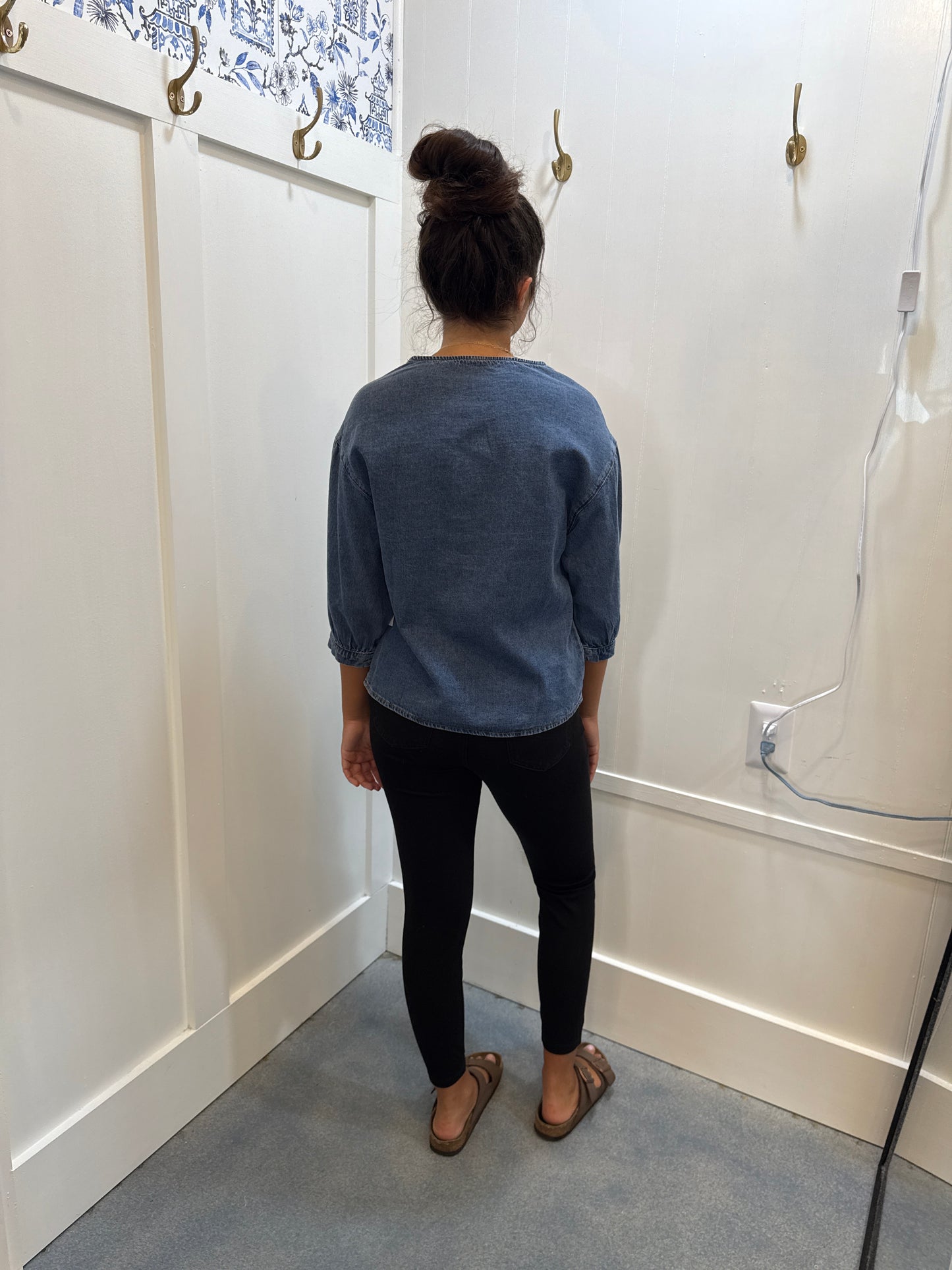 3/4 Sleeve Ruffled Patched Pocket Denim Blouse
