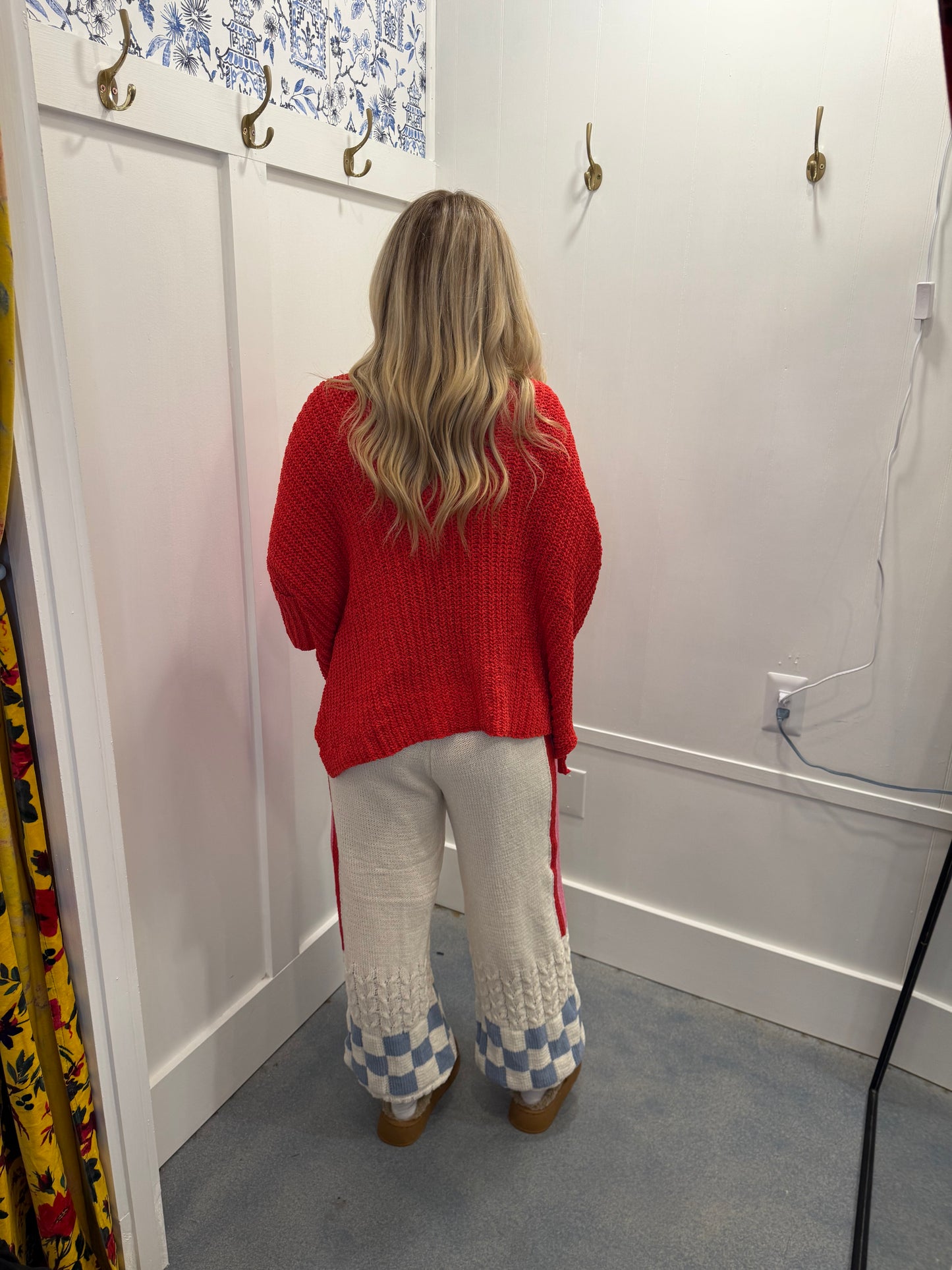 Striped Checker Pattern Patch Detail Chenille Sweater Pants