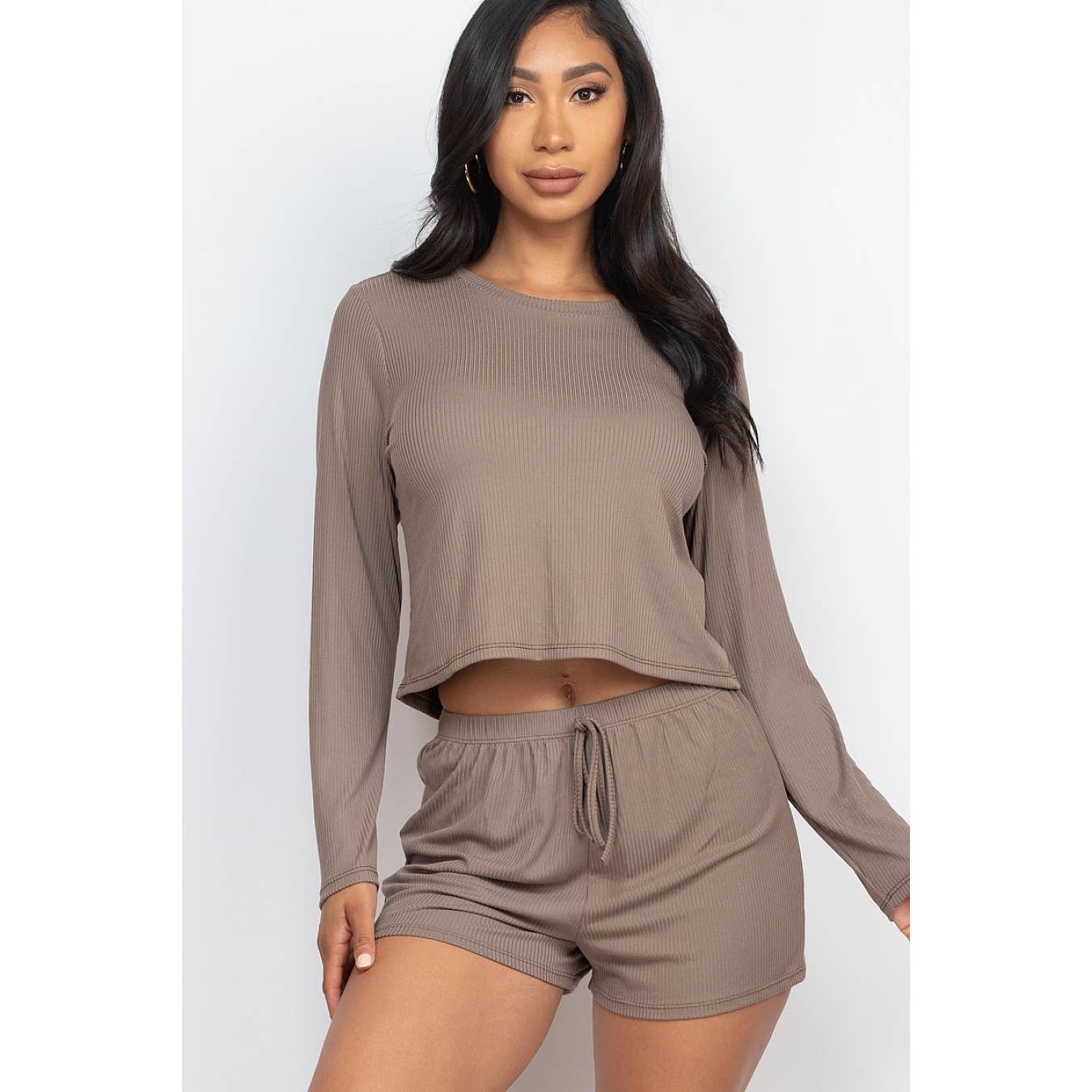 Ribbed Long Sleeves Top and Shorts Set