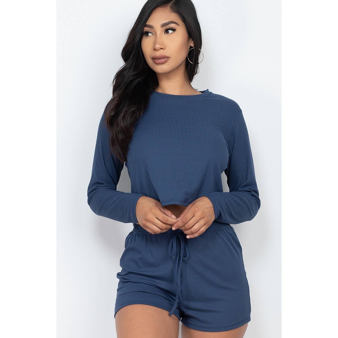 Ribbed Long Sleeves Top and Shorts Set