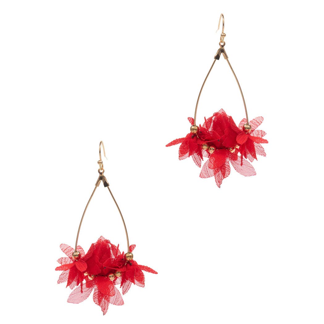 Teardrop Shaped Fabric Flower Hook Earrings