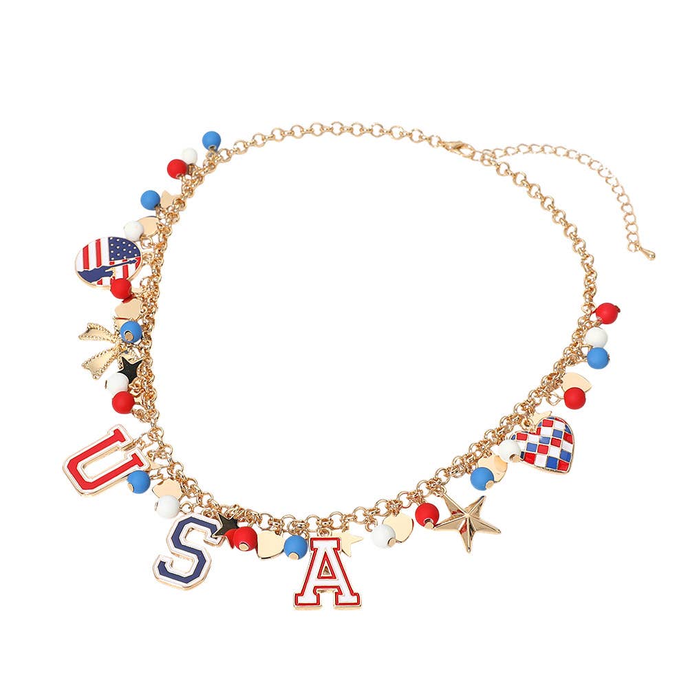 American USA Flag Star Bow Faceted Bead Ball Station Necklace