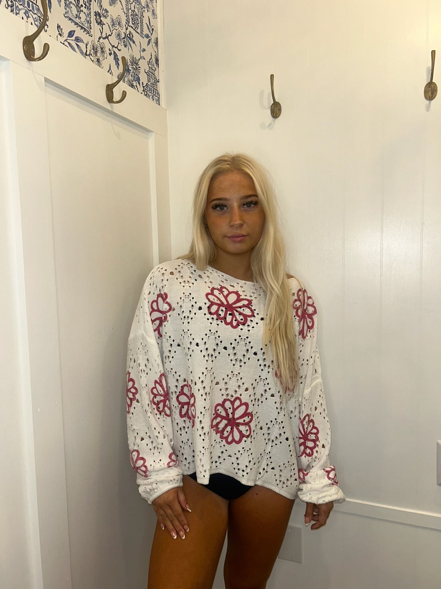 Contrast Flower Print Eyelet Drop Shoulder Sweater