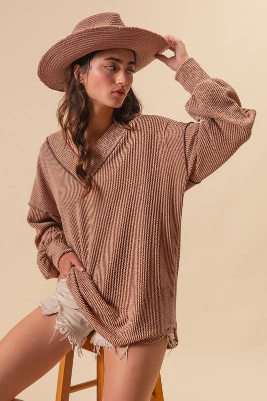 2tone Cord Rib Contrast Stitching V Neck Top