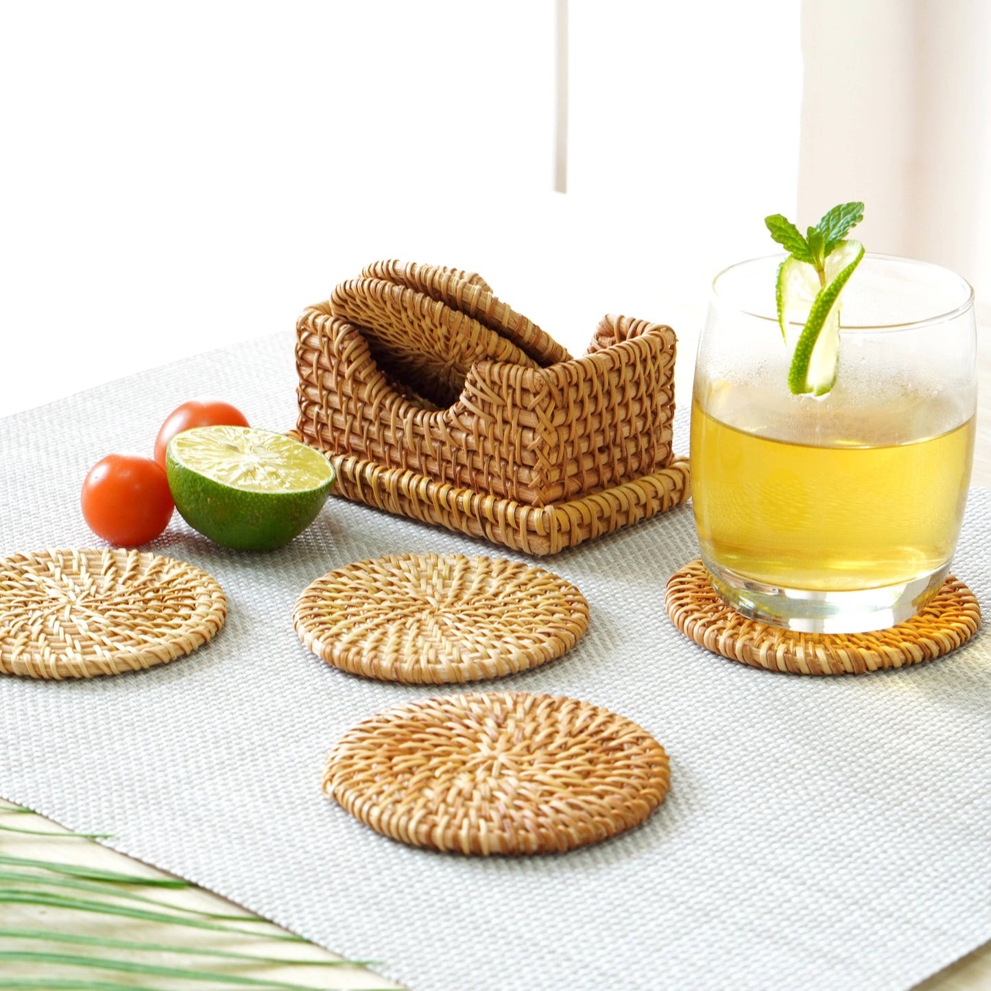 Set of 6 Natural Rattan Placemats with Rectangular Holder