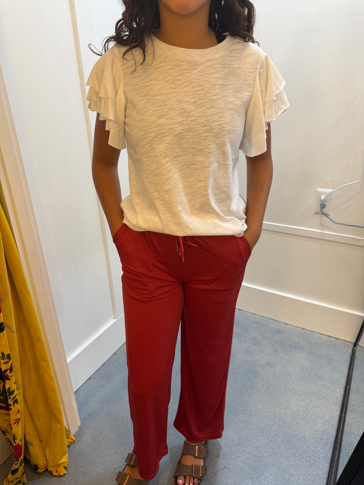 Stretchy Ribbed Wide Leg Pants With Pocket