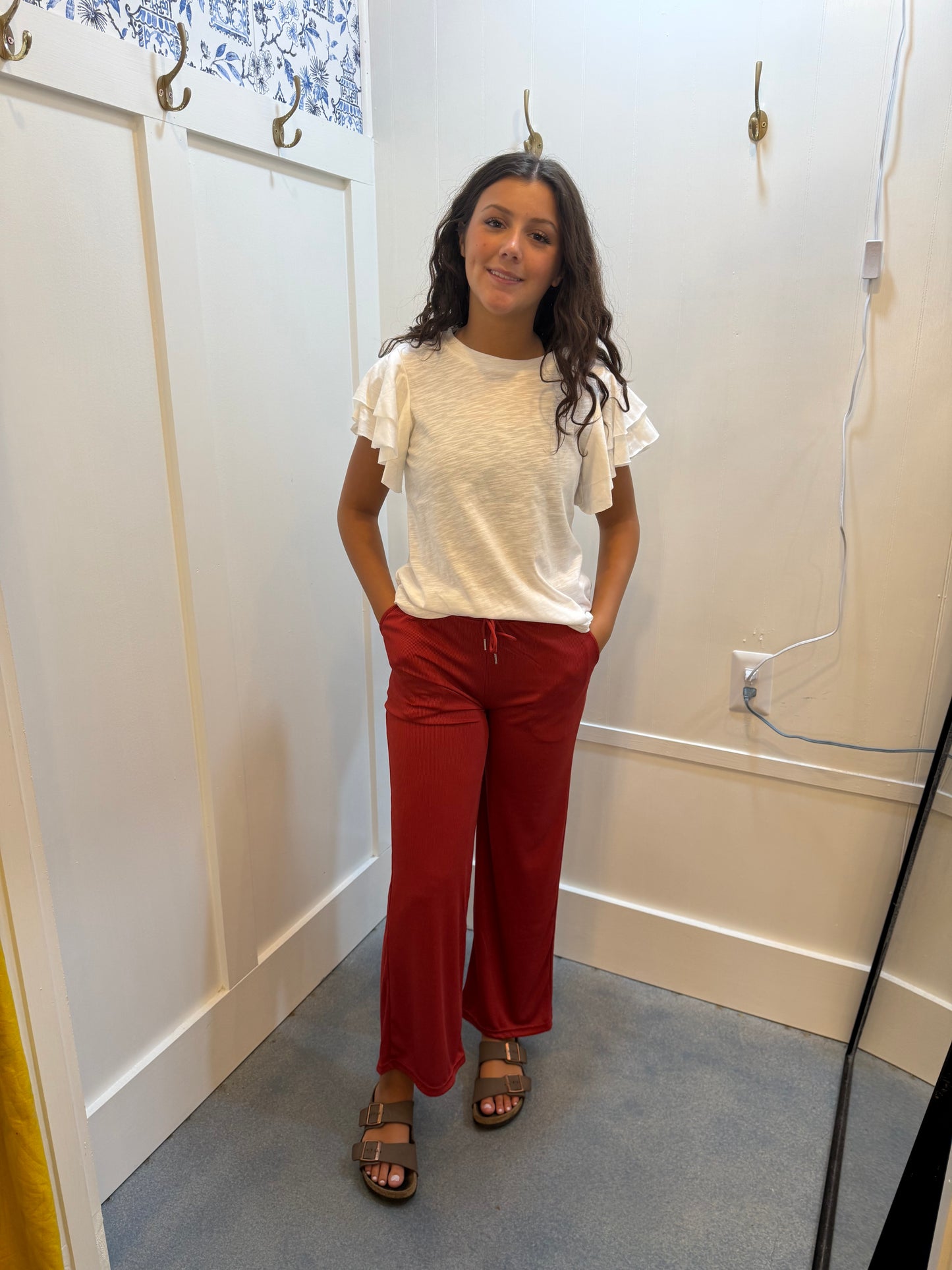 Stretchy Ribbed Wide Leg Pants With Pocket