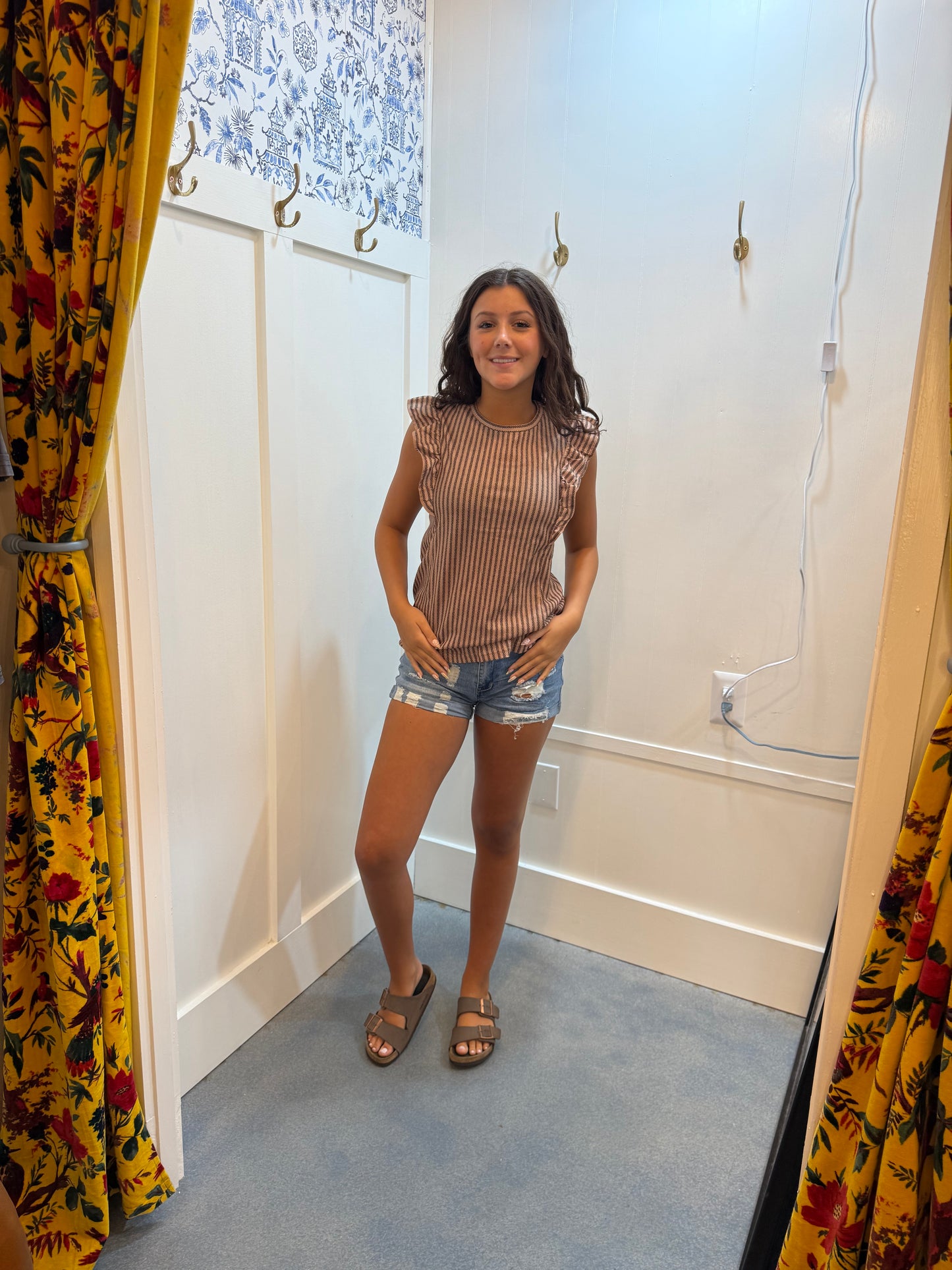 Striped Crew Neck Ruffled Tank Top