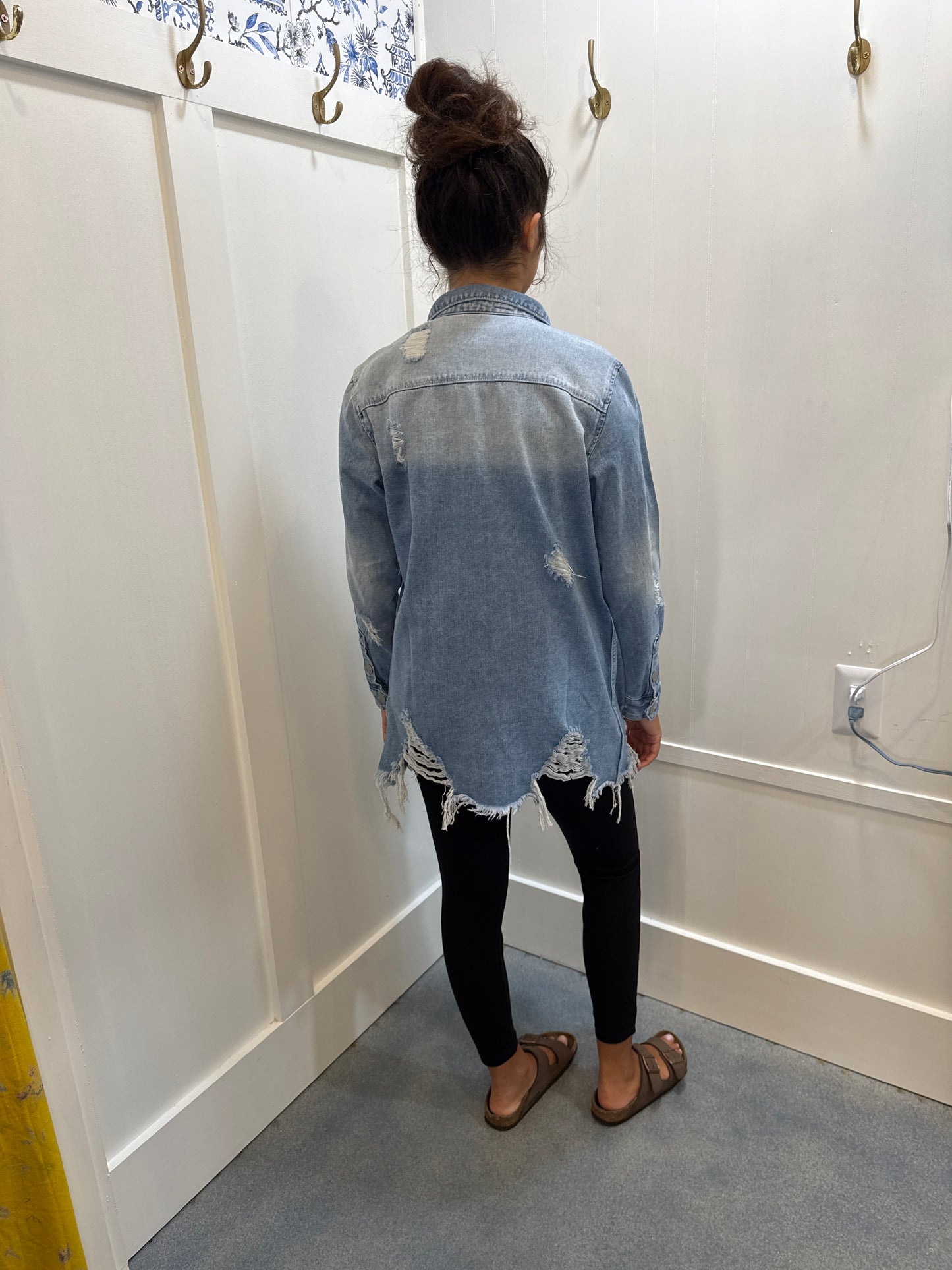 Light Wash Distressed Frayed Long Denim Jacket