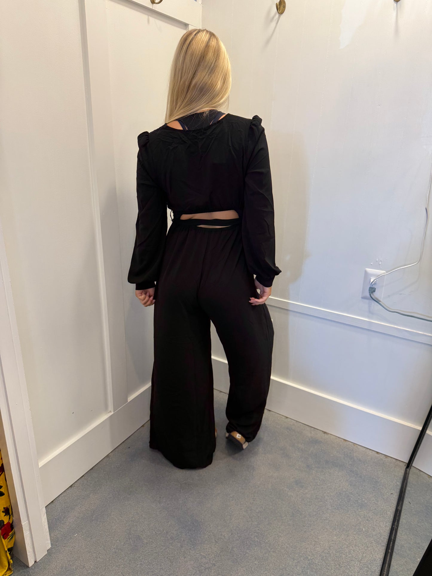Cutout Back Belted V Neck Wide Leg Jumpsuit