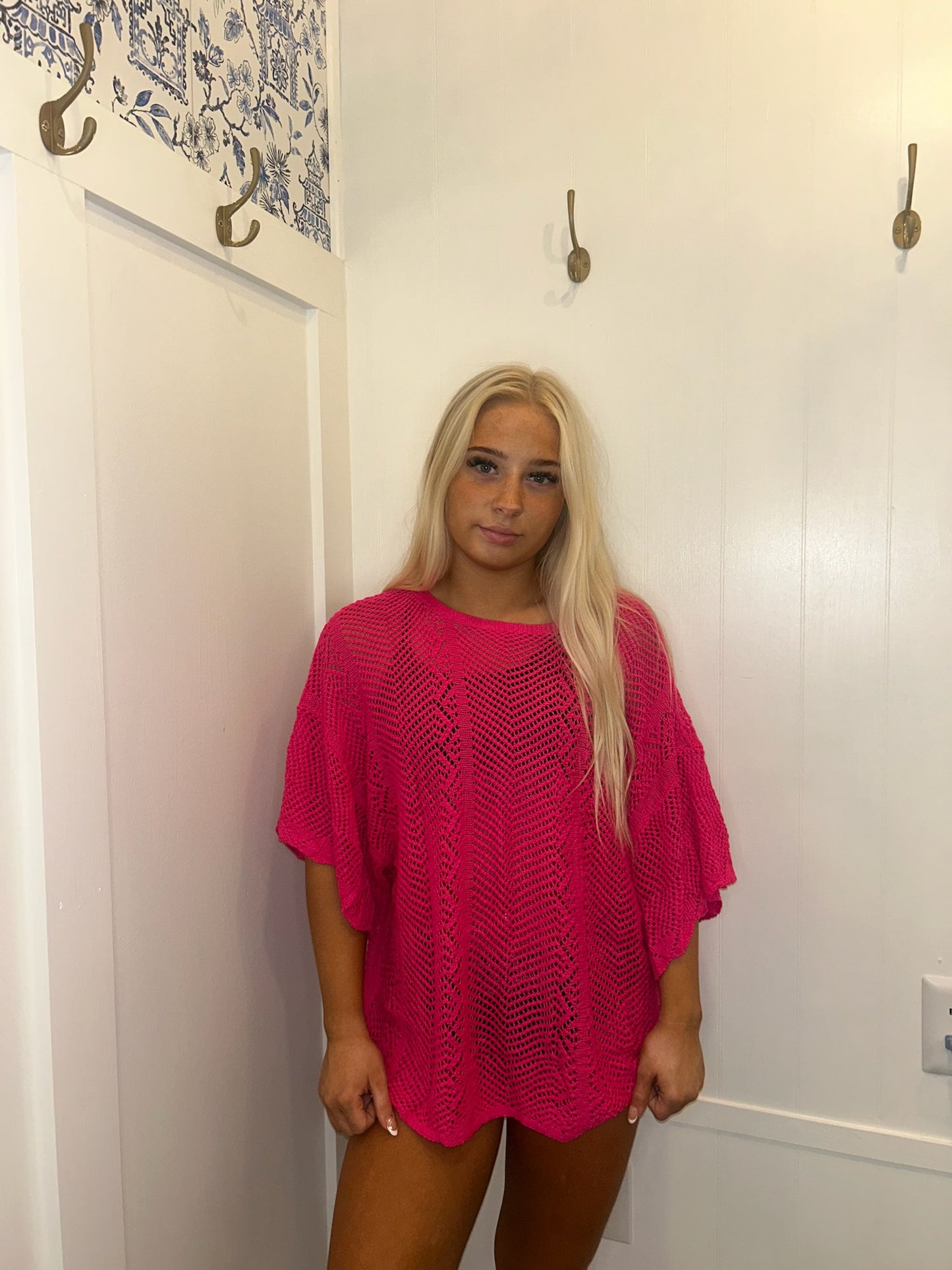 Pointelle Knit Scallop Edge Short Sleeve Top